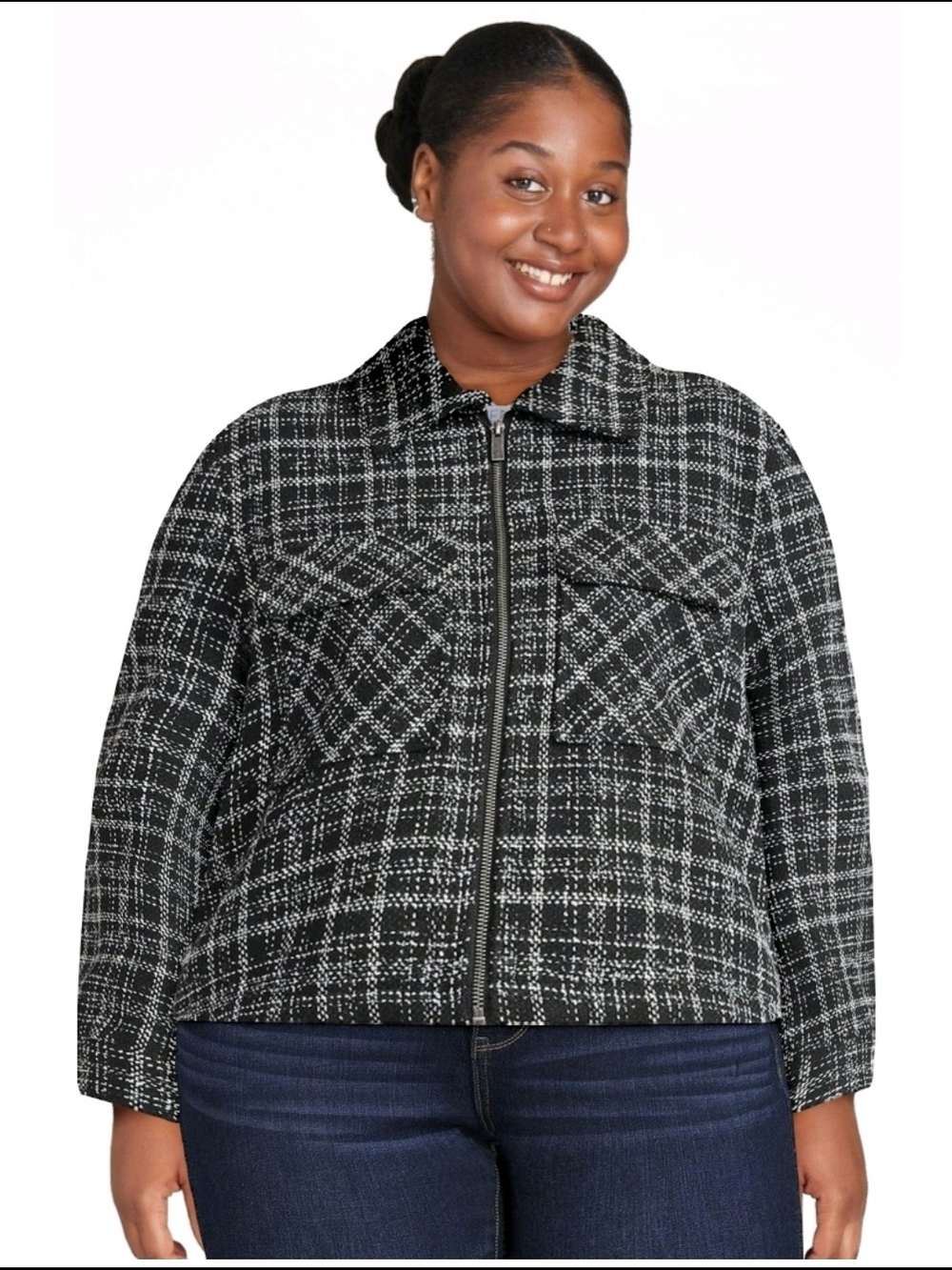 Plus-Size Black & White Plaid Zip-Front Jacket